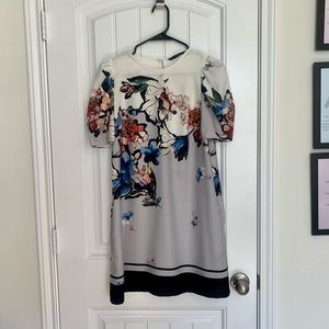 Zara Gray and White Off-the-Shoulder Puff Sleeve Mini Dress